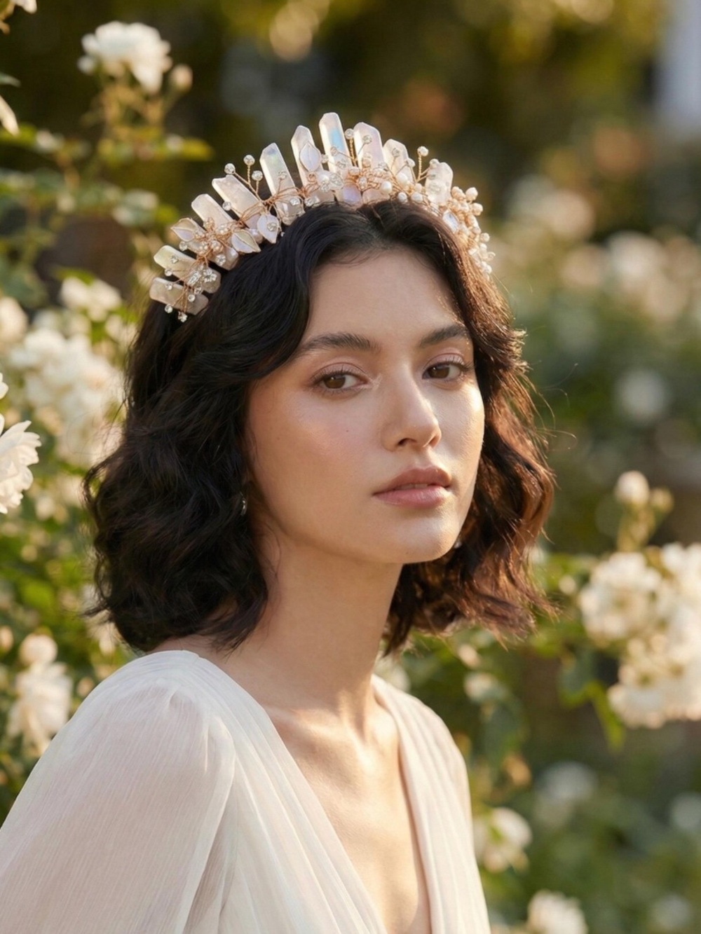 Handmade Rose Quartz Crystal Headband with Gold Accents